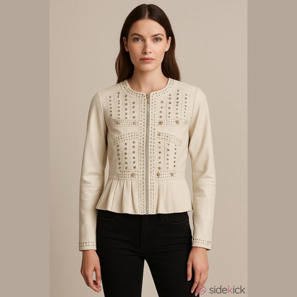 Marciano Cream soft lamb Leather Jacket Peplum Style Studded Flowers Zip Up XS